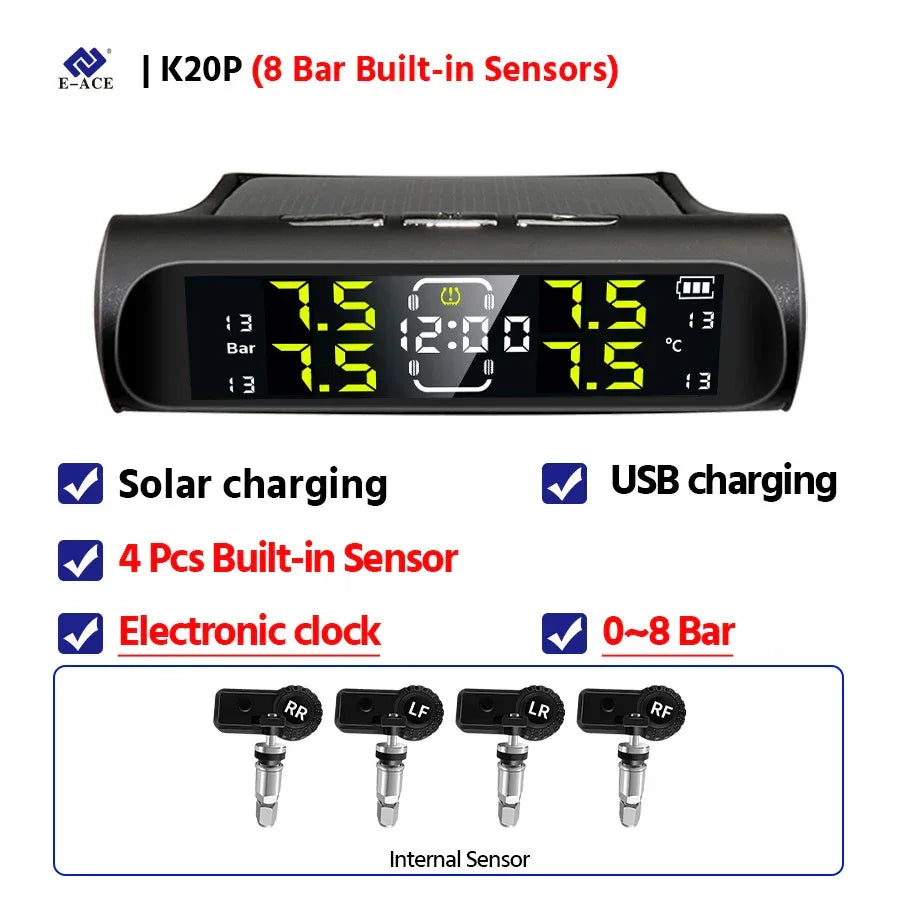 Wireless Solar Charging TPMS Real-time Monitoring with Electronic Clock Display 4 Sensors Tire Pressure Monitoring System