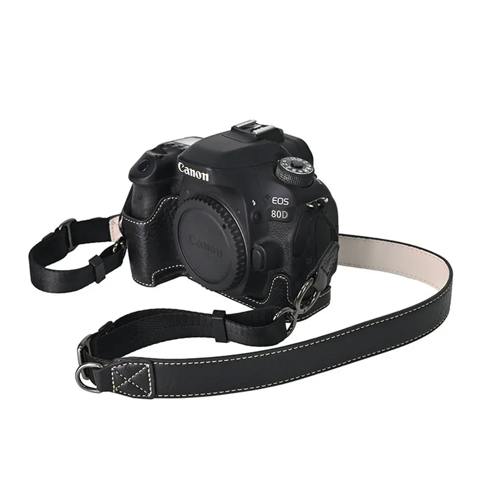 Camera Half Case PU Leather for Canon EOS 60D 70D 80D 90D Bottom Opening Magnetic Cover With Shoulder Strap
