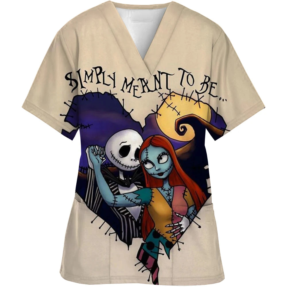 Vêtements de travail à col en V, motif cauchemar de Noël, pour Halloween, chirurgie, grande taille, infirmière, vêtements médicaux, haut mat pour femmes