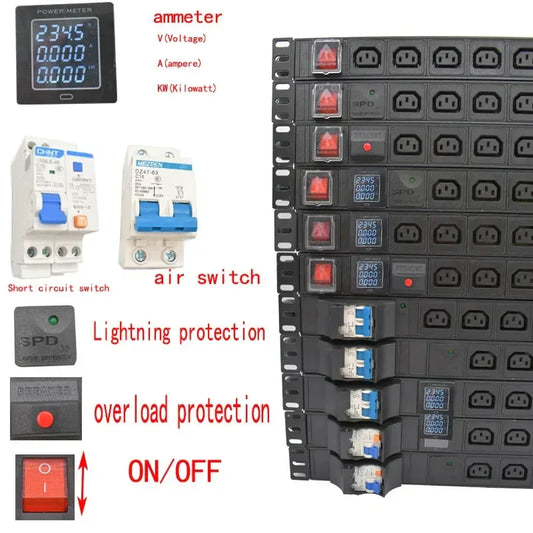 19 inches PDU SPD ammeter overload protection air switch Short circuit switch module power strip IEC-320 C13 output C14 PLUG