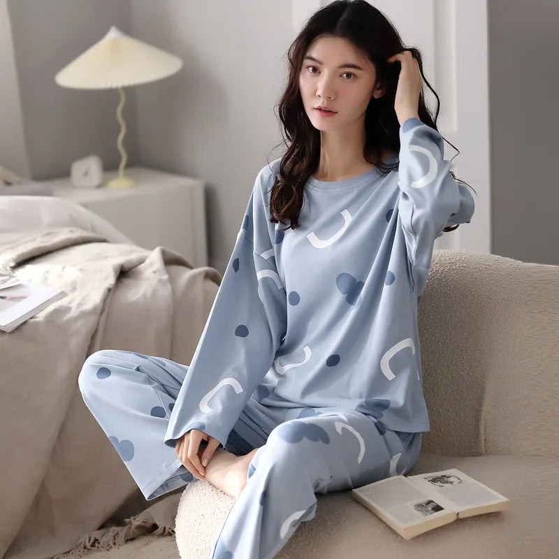 Long-Sleeved Pyjamas Women's Autumn and Winter Cotton Round Neck Fashion Soft Casual Breathable Cute Cartoon Loungewear Outside