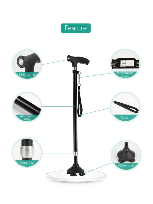 1pc Old People Crutch 60-94cm Telescoping Aluminum Alloy Rod Walking Stick T-handle with Lamp