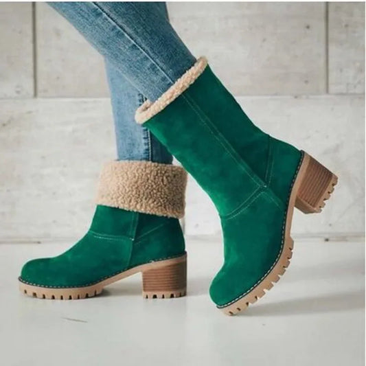 Warm Fleece Lined Mid-Calf Snow Boots Women's Velvet Booties Matte Finish Booties Two-Way Wear Low Heel round Toe Winter Boots