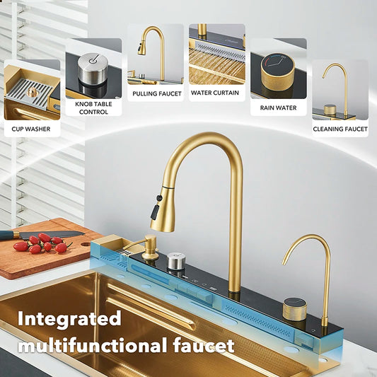 Golden Double Waterfall Sink Stainless Steel Kitchen Sink Embossed Large Single Slot Wash Basin Washing Pond For Kitchen