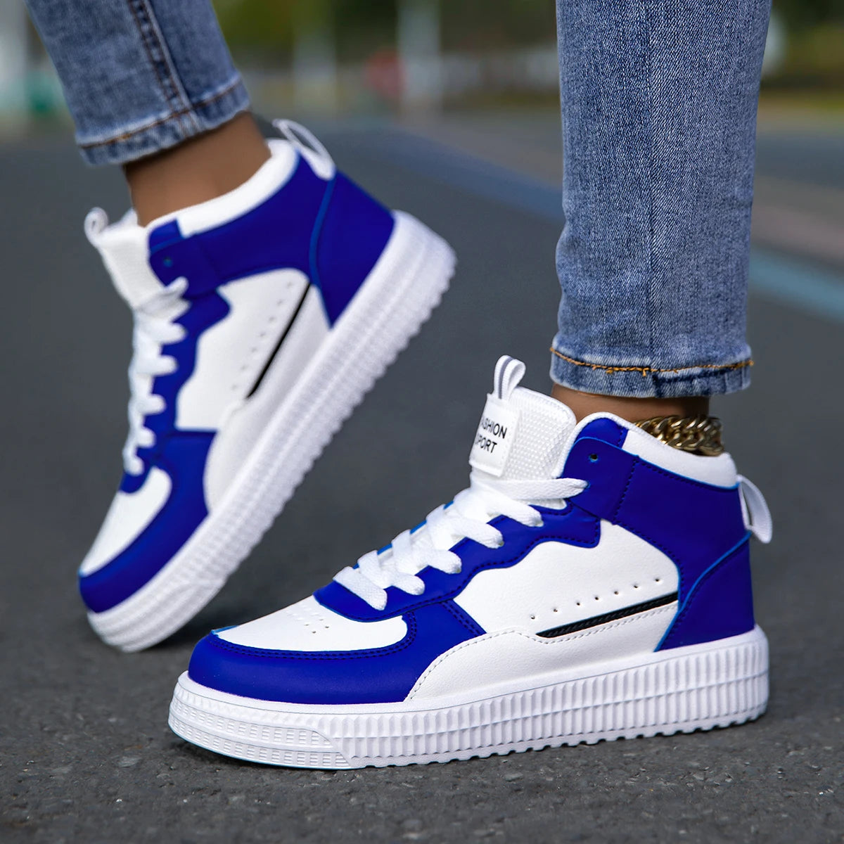 HKDQ Blue High Top Sneakers Unisex Non Slip Platform Men's Skate Shoes Spring Autumn Casual Leather Skateboard Shoes For Women