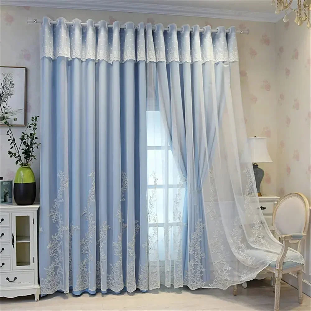 Luxury Beige Double Layer Embroidery Blackout Curtain for Bedroom Living Room European Delicate Sheer Plus Darkening Cloth Drape