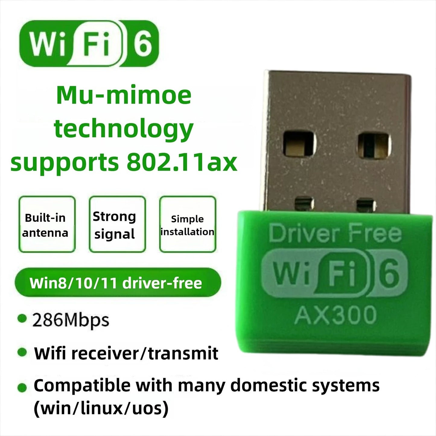 WiFi 6 AX300 WiFi USB Adapter Wireless Network Card 2.4G Wi-Fi Dongle Dual Band Antenna USB For PC/Laptop Win10/11 Driver Free