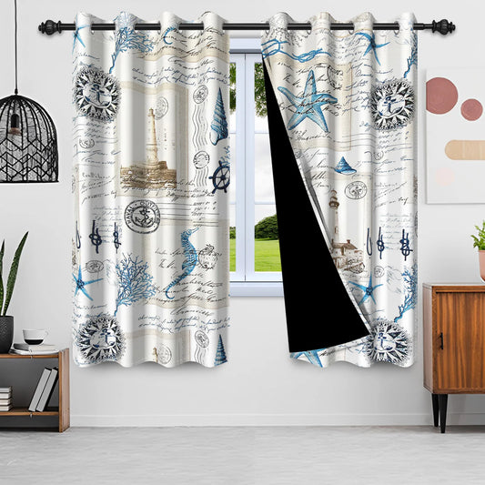 2pcs Vintage Nautical Element Curtains Seashells Starfish Coral Prints Blackout Curtain Living Room Boys Bedroom Window Drapes by PDG ibma