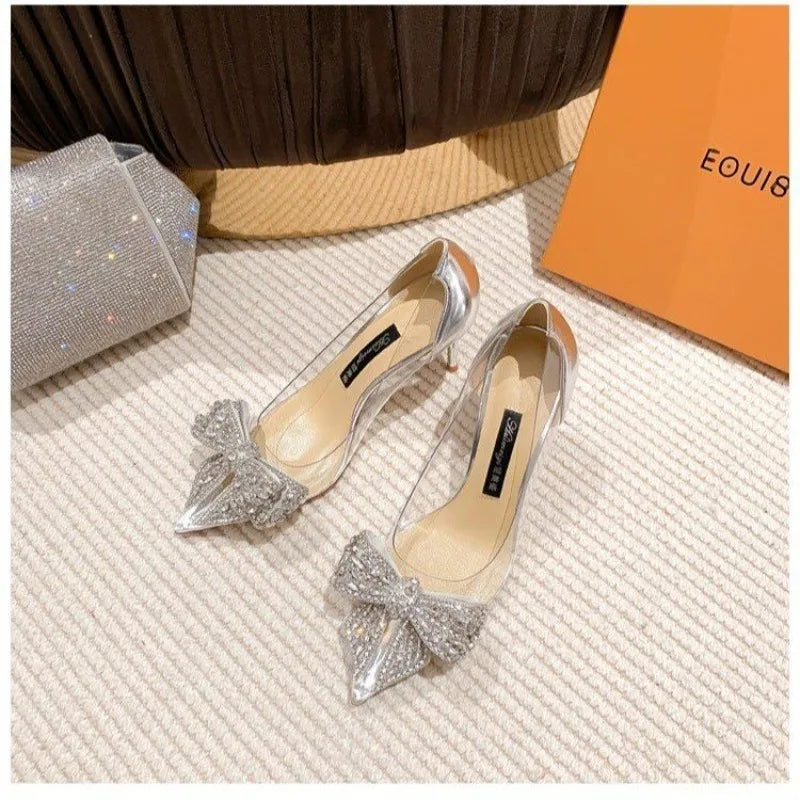 Spring Summer Fashion Rhinestone Bowknot Women Pumps Sexy Silk Pointed Toe Strange High Heels Party Prom Shoes Gold Silver