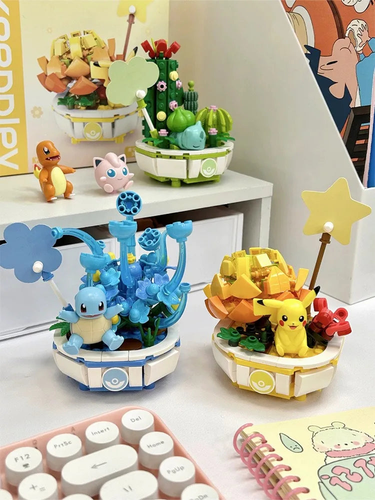 Pokemon Building Block Pikachu Charmander Squirtle Model Toy Home Decoration Plant Potted Flower Brick Girl Toy Child Gift