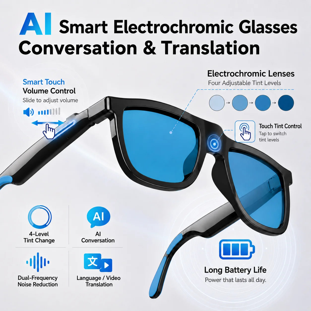 2026 AI Smart Glasses Touch Color-change Electrochromic Lens AI Translation ChatGPT BT Call Dual-mic Music Audio Sunglasses Men