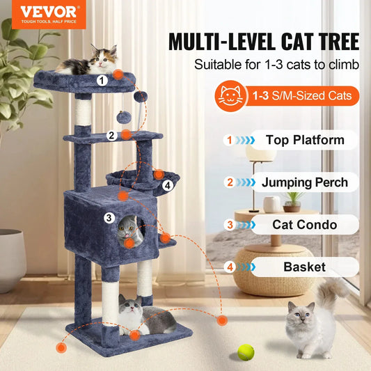 SucceBuy Cat Tree for Indoor Cats 45.2" Tower with Cat Condo Sisal Scratching Post HammockTop Perch Jumping Platforms Dark Grey