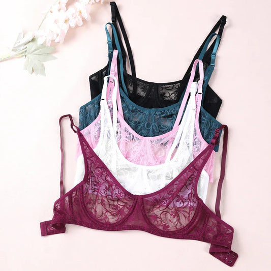 Bras For Womens Black Lace Sheer Bralette Bra Underwired Underwear Floral Homosexual Sexy Lingerie Brassiere A B C D DD Cup