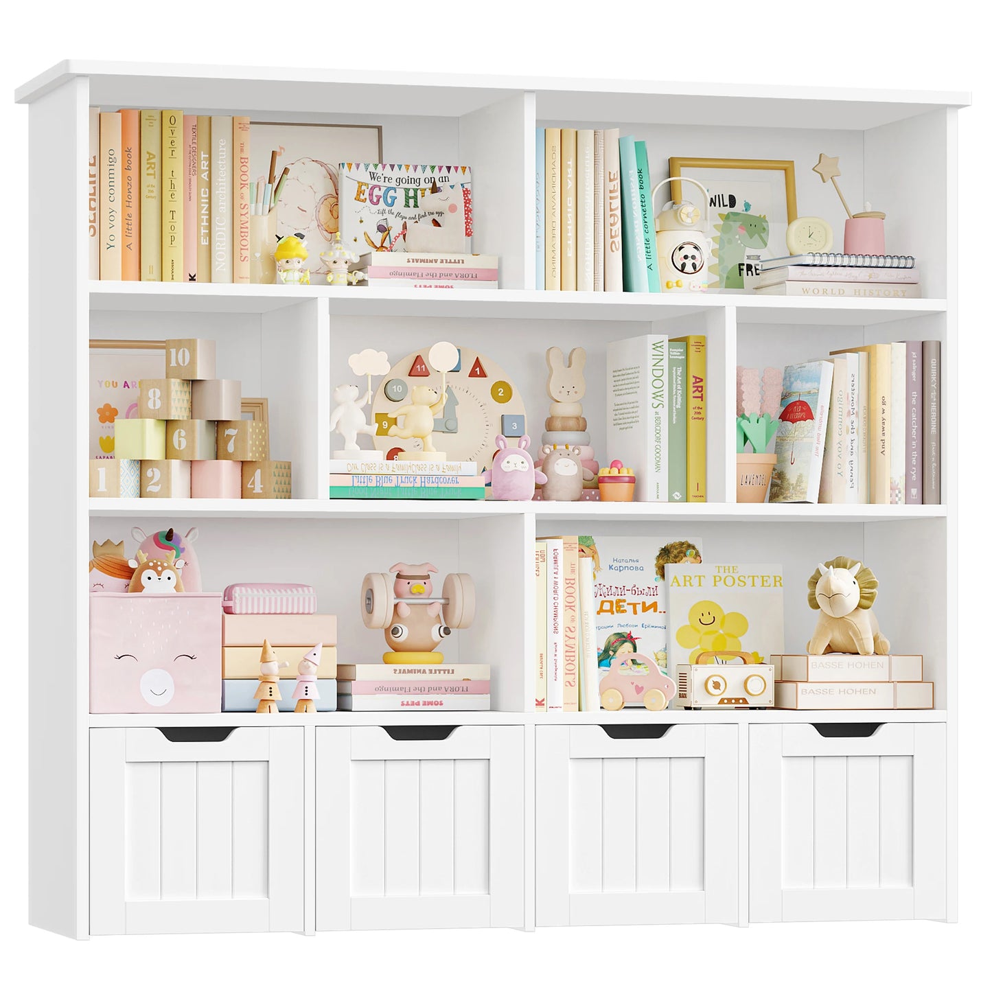 Getone Kids Toy Storage Unit Childrens Bookcase with 4 roller drawers 8 shelves Toy Organiser Kids Bookshelf for Nursery Playroom 125.5x33x118cm White/ Pink