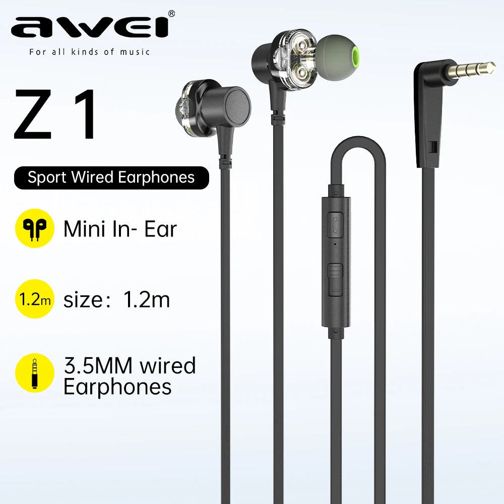Awei Z1 3.5mm Jack Dual Driver Wired Earphones Stero Headphones With Microphone in-ear Earbuds Sport Headset For Smart Phones