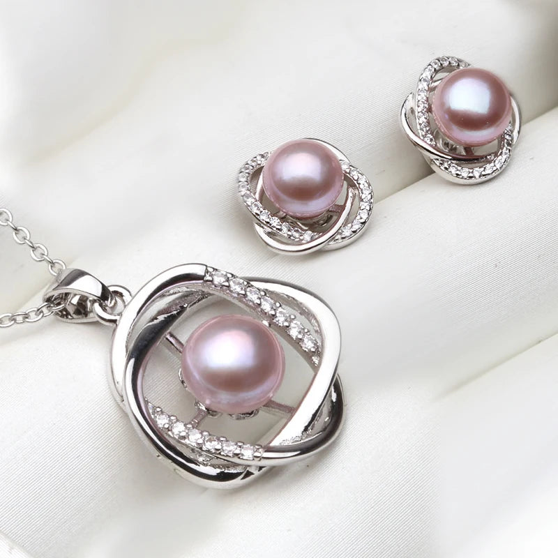 Real 925 Sterling Silver Necklace Earring Sets Women,Classic Wedding Natural Pearl Pendant Sets White Black Grey Gift