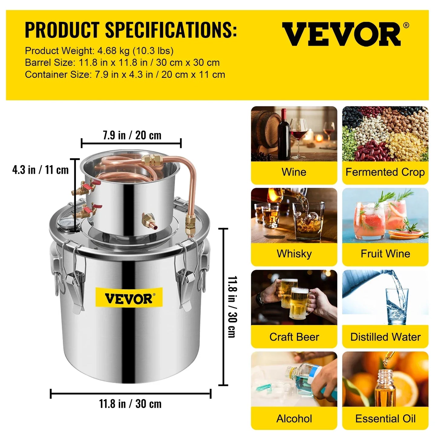 SucceBuy 3 5 8 13 Gal Distiller Alambic Alcohol Still Stainless Copper DIY Home Brew Water Wine Essential Oil Brewing Kit