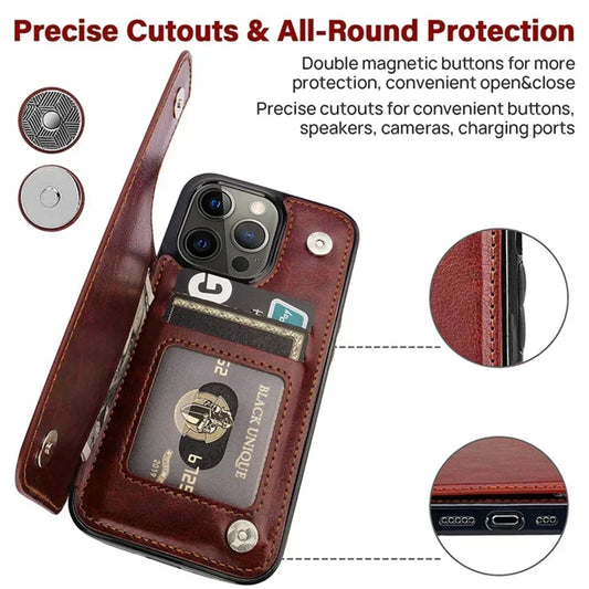 Wallet Double Button With Card Slot Stand Flip Leather Case For iPhone 16e 16 Pro Max 15 Plus 14 13 12 Mini 11 SE3 SE2 X XR 8 7 by PDG ibma