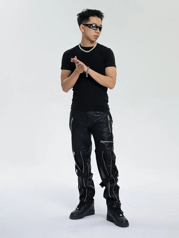 Mauroicardi Spring Autumn Cool Black Pu Leather Pants Men with Many Zippers Belt Luxury Designer Clothing Trousers Fashions 2023