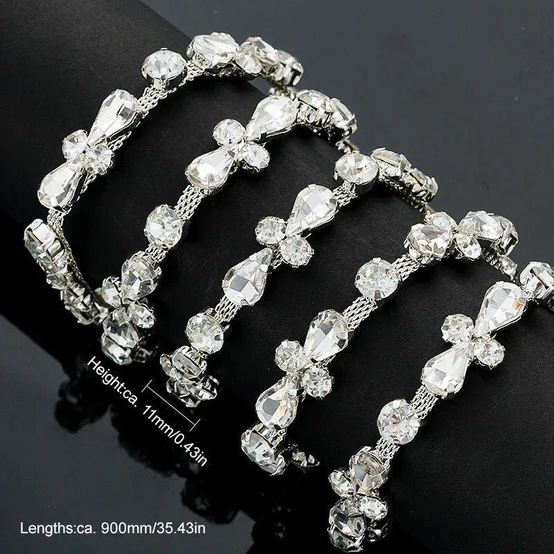 QIAO 90cm Rhinestone Crystal Chain Diamante Lace Diamond Trim Ribbon Necklace Applique Gem Sparkle Wedding Dress for DIY Craft