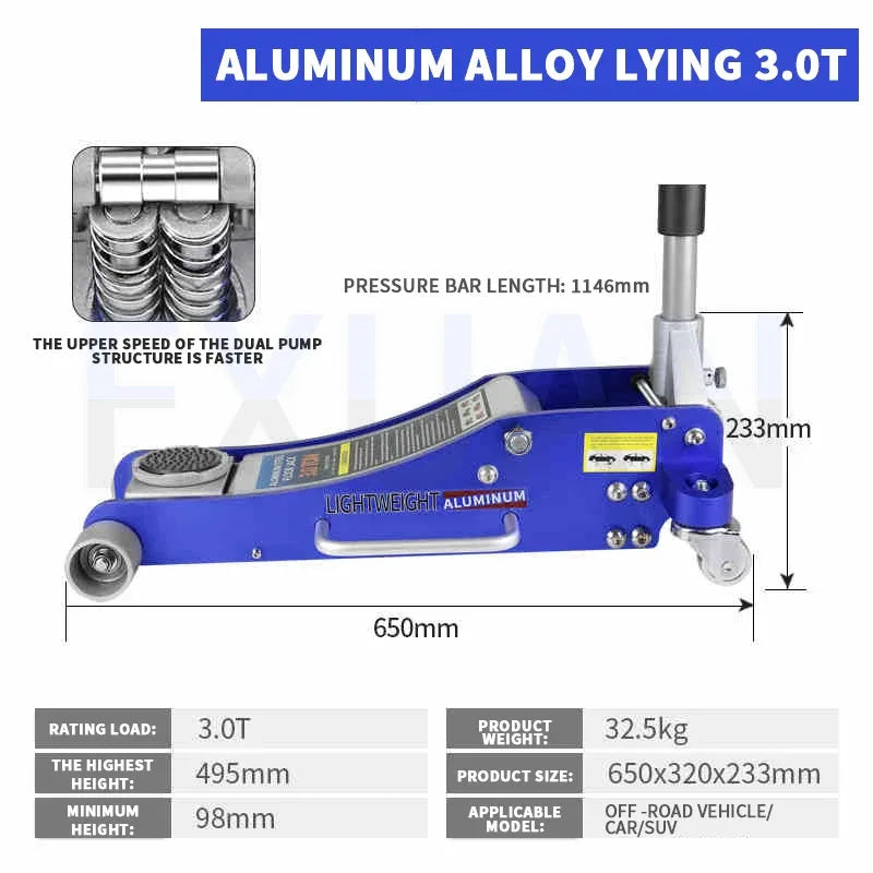 Automotive Aluminum Alloy Horizontal Hydraulic Jack Tire Replacement Auto Repair Lifting Jack Car SUV Off road Vehicle Aluminum