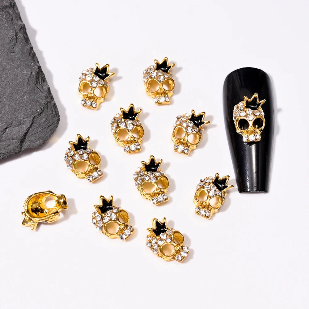 Lot de 10 breloques pour ongles squelette en métal, motif Halloween, accessoires de manucure DIY, décoration crâne et croix.