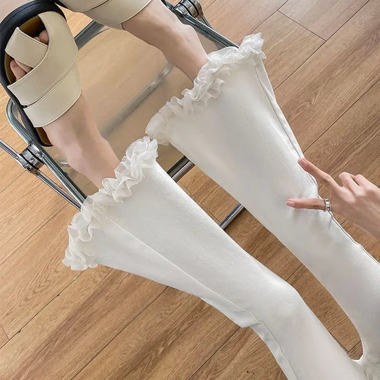 White Lace Spliced Trousers with Slightly Flared Imitation Jeans Women Autumn American Retro Small 8/9-point Flared Trousers