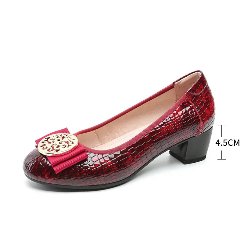 Spring and Autumn Boat Shoes Genuine Leather Soft Sole Mid-Heel Shoes Bow Heels Ladies Women Womens Round Toe Slip-on Women's 42