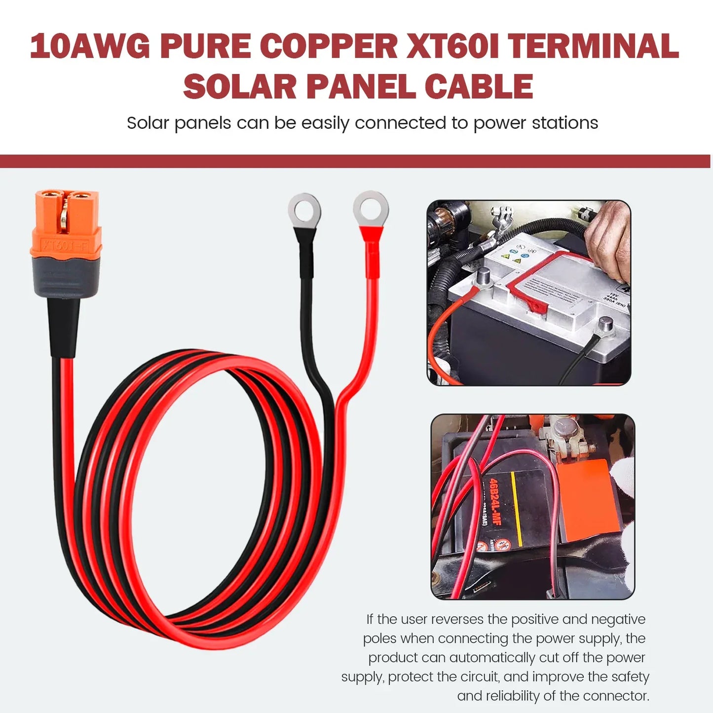 XT60i to O Ring Terminal Cable 1.5m 10AWG XT60i Female to O Ring Connector Protective XT60i F Extension Cable for Solar Panel