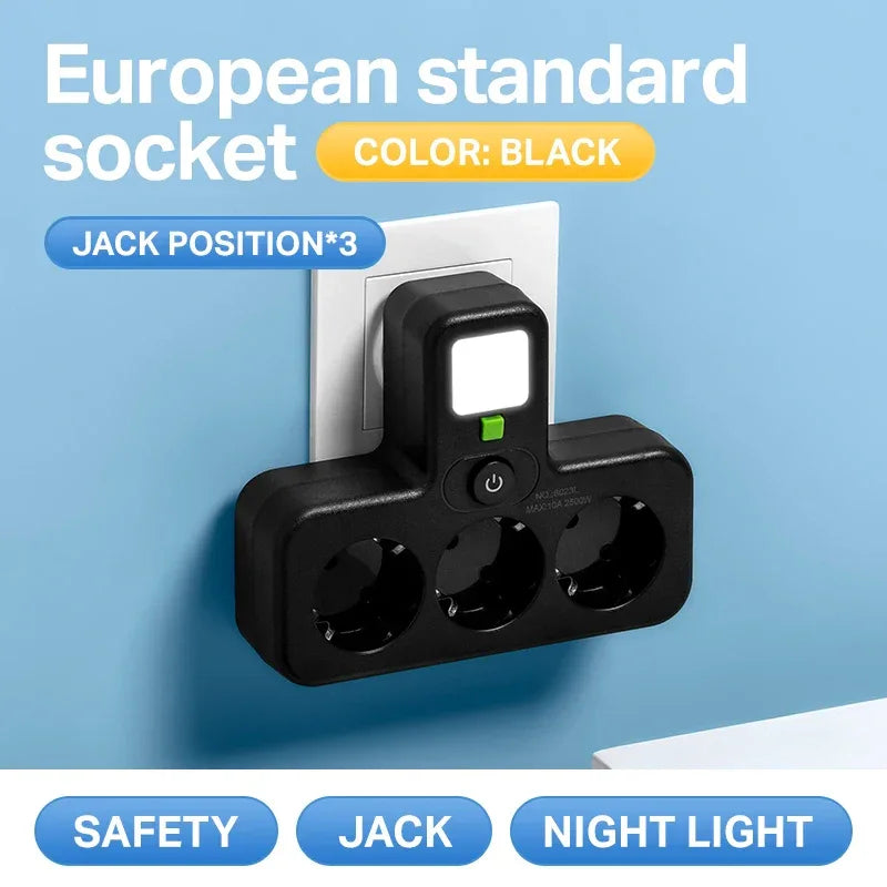 1pc EU power board, switch power plug, with independent night light switch, 3 AC sockets, suitable for home and office use