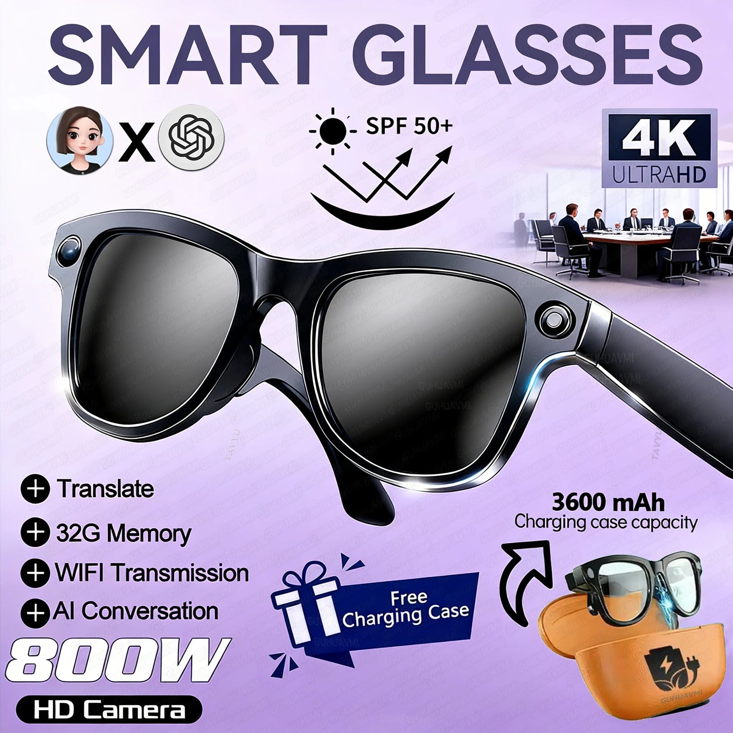 Lunettes connectées 2026 pour femmes, batterie externe 3600 mAh, caméra 800 W, traduction de plus de 120 langues, enregistrement vidéo, lecteur de musique, lunettes pour hommes