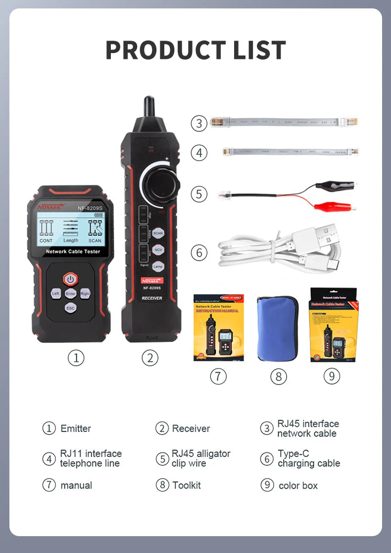 NOYAFA NF-8209S Network Cable Tester Cable Tracker Cat5 Cat6 PoE Tester Detect Length Continuity Test with NCV & Lamp