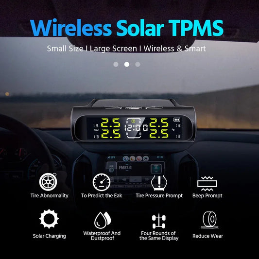 Wireless Solar Charging TPMS Real-time Monitoring with Electronic Clock Display 4 Sensors Tire Pressure Monitoring System