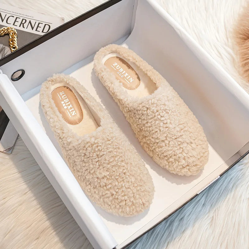 Big Size 43 Women Lambswool Slippers Winter Sheep Fur Shoes Ladies Flat Cotton Slides Home Pantuflas Daily Slip On Furry Mules