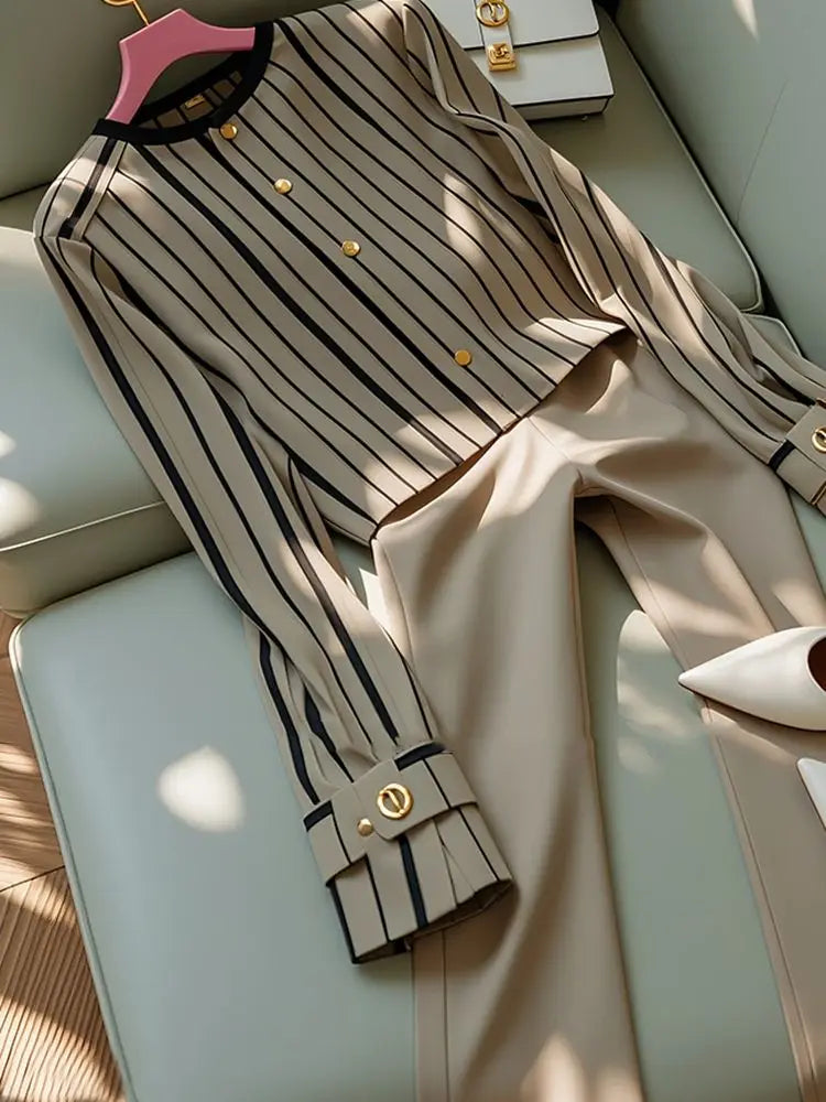 Autumn Korean Fashion High End Long Sleeve Stripe Shirt High Waist Slim Suit Pants Formal Commuter Two Piece Set Women Outfits