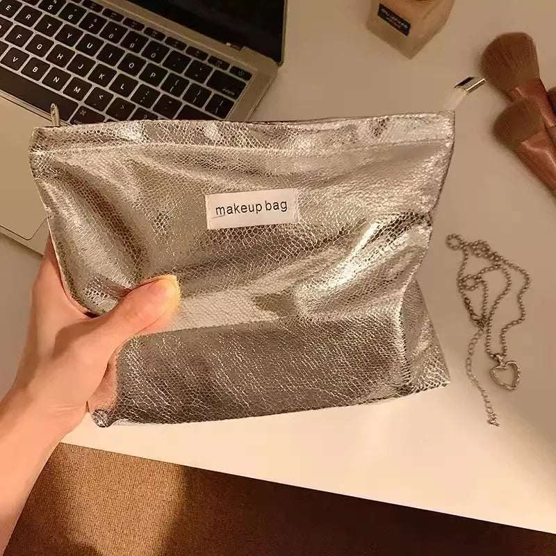 Portable Large Capacity Shiny Sequins Cosmetic Bags Silver Champagne for Women Toiletries Skincare Storage Bag Make Up Pouch
