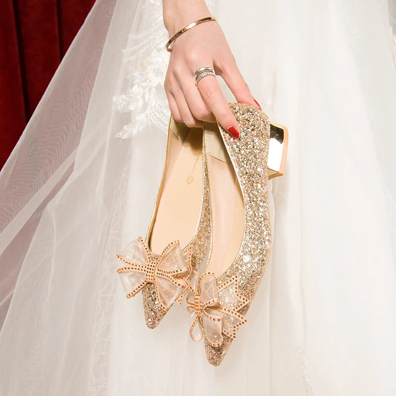 Crystal Butterfly-knot Flat Wedding Shoes Slip Shoes Women Shiny Gold Silver Bridal Shoes Beaded Flat Heels Med (3cm-5cm)