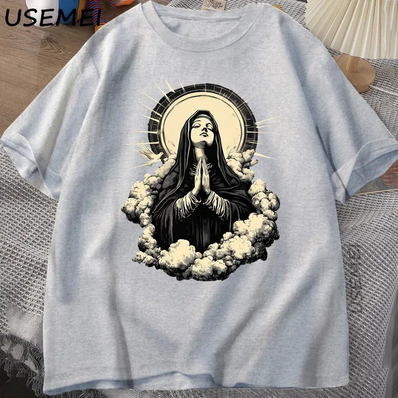 Christian T Shirt Virgin Mary Graphic Tshirt Faith Unisex Tee Christmas or Easter T-shirt Tee Shirt Cotton Short Sleeve Clothes