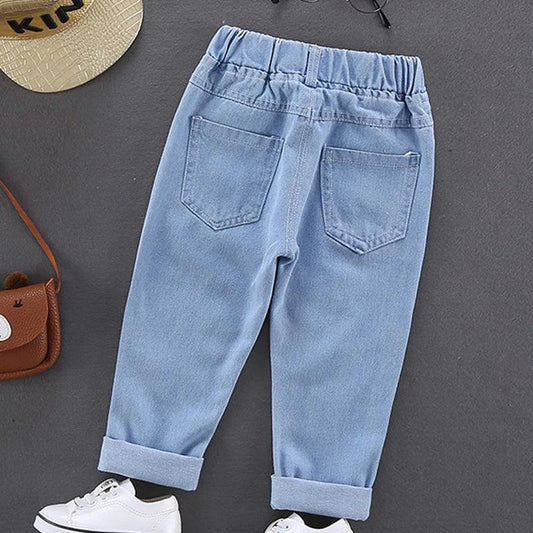 Spring Autumn Children Jeans Boys Cotton Print Splice Stretch Denim Pants Korean Teenage Trousers Wear Kids ClothingDenimRipped