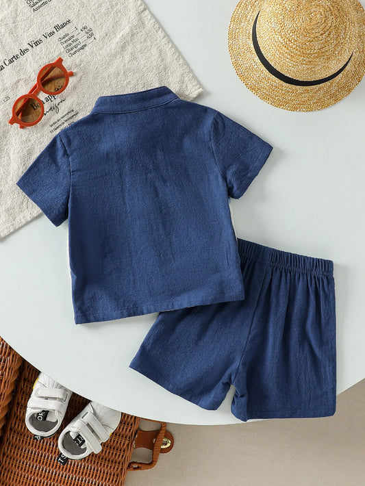 2-Piece Baby Boy Summer Leisure Outdoor Cotton Breathable Comfort Color Patchwork Short Sleeve Shorts Set Pattern 1-3Y