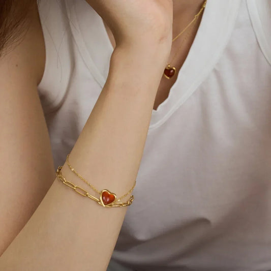 Youthway Stainless Steel Inlaid Red Agate Heart Bracelet for Women's Romantic Fashion Jewelry Valentine's Day Gift