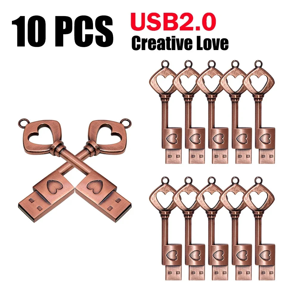 10pcs/lot Copper Love Heart Pen Drive 128GB Metal USB 2.0 Flash Drive 64GB Key Memory Stick Creative Gift Pendrive 64GB Storage