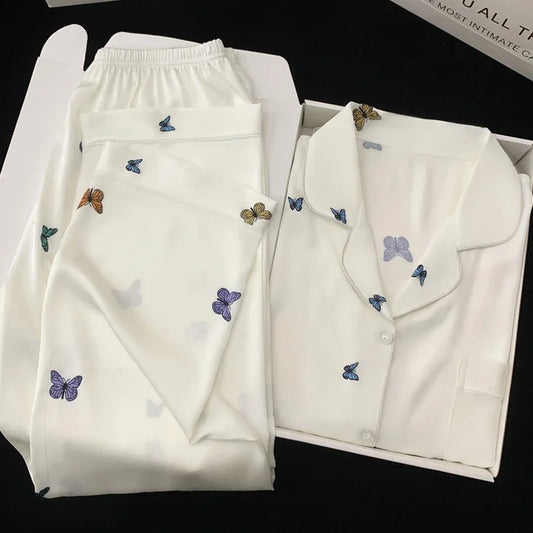 French Elegant Romantic Butterfly Print Women Pajamas Simple Ins Literary Aesthetics Sleepwear 2024 Fall Winter New Y2k Lounges