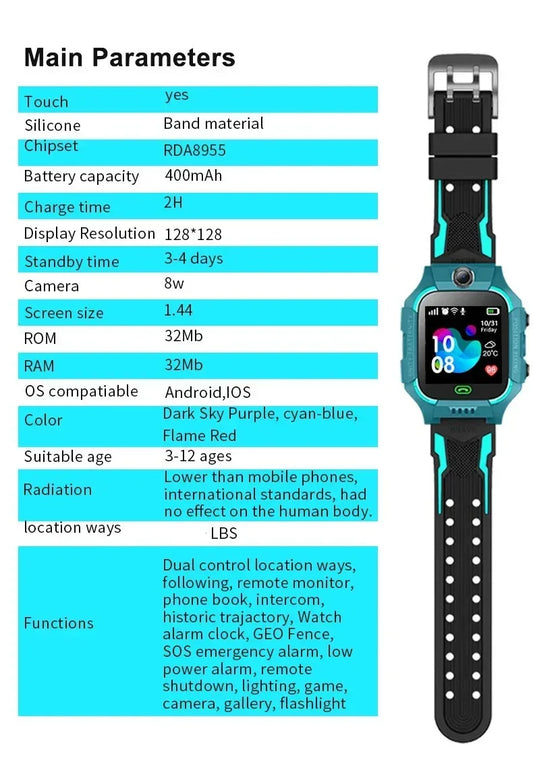Q19B Children Kids Smart Watch SOS Phone Call Location Tracker Anti-Lost Camera Touch Screen Waterproof Student Wristwatch