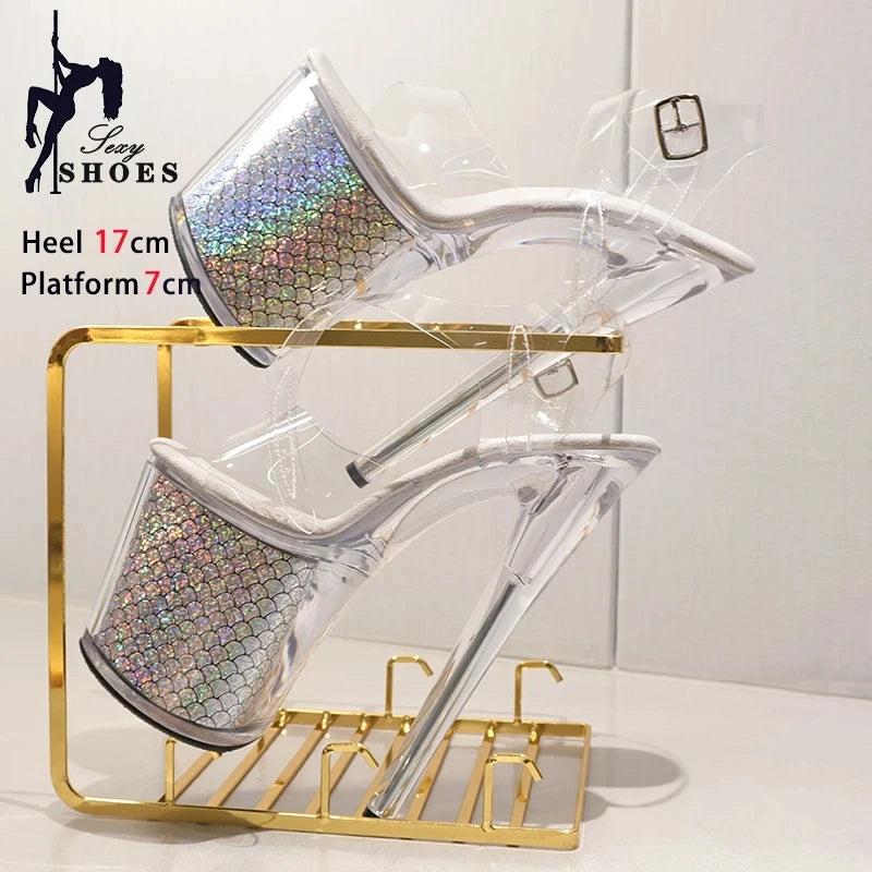 New Pattern Superior Quality Super High Heel Ladies Shoes High Heel Ladies Shoes 17CM/7inches Crystal Thin Heels Sandals Wedding