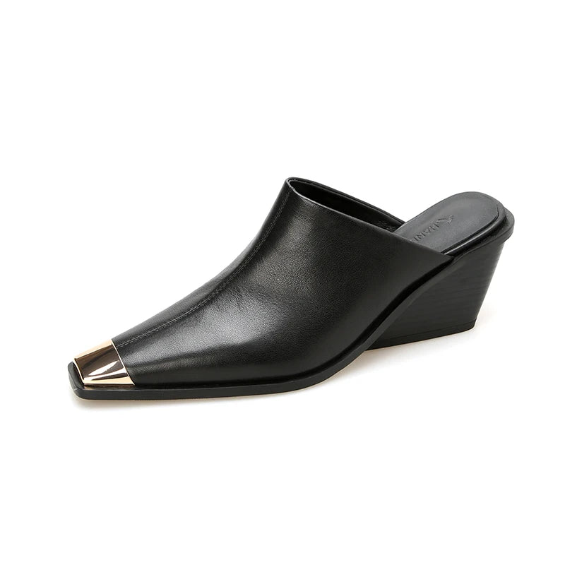 2025 New Ladies Genuine Leather Metal Head Mules Fashion Med Chunky Heels Summer Wedges Slippers Women Casual Office Shoes Woman