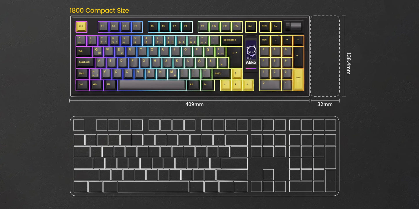 Akko 5098B Wireless Mechanical Gaming Keyboard With 1.47-inch TFT Screen Vertical Knob 97 Keys ISO-DE Layout Hot Swap RGB Gasket