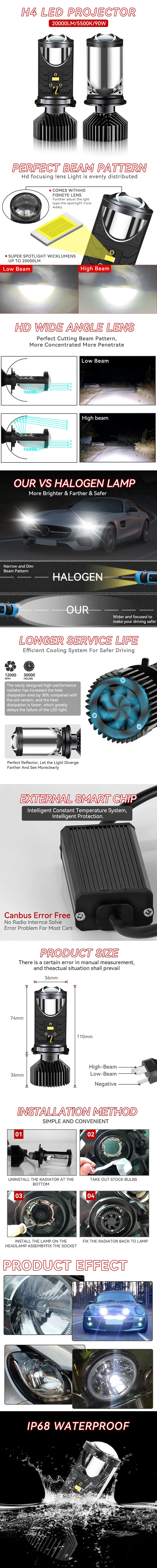 H4 LED Projector Headlight Y6 Projector Lens with Fan Cooling 90W Automobile Hi Lo Beam Bulb 12V