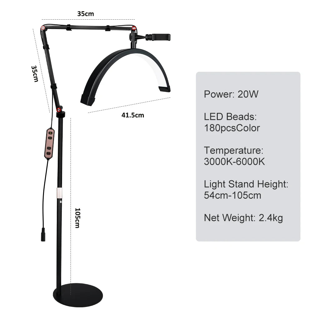 16 INCH LED Half Moon Lash Light Temperature 20W 3000K-6000K LED Ring Lamp for Beauty Facials Skincare Tattoo Eyebrows Filming