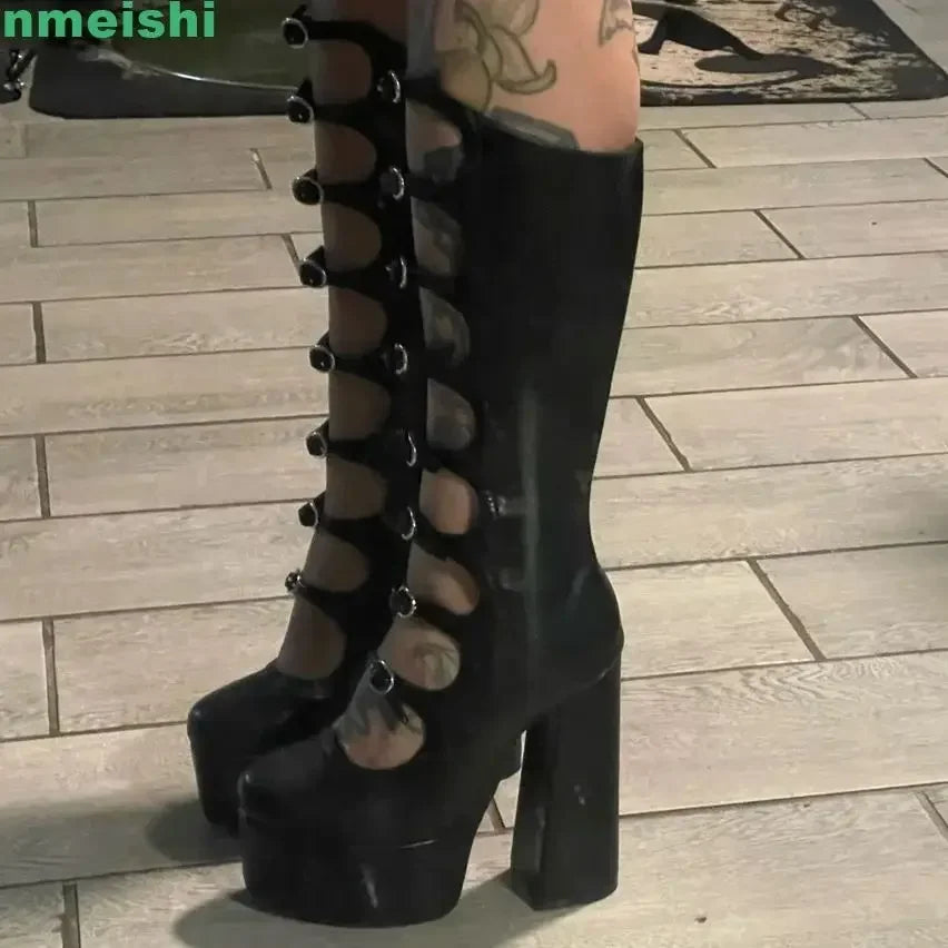 2026 New Women Pole Dance Shoes Hollow Mid-Calf Boots Platform Zipper Square Heel Buckle Strap Fashion Round Toe Sexy Boots